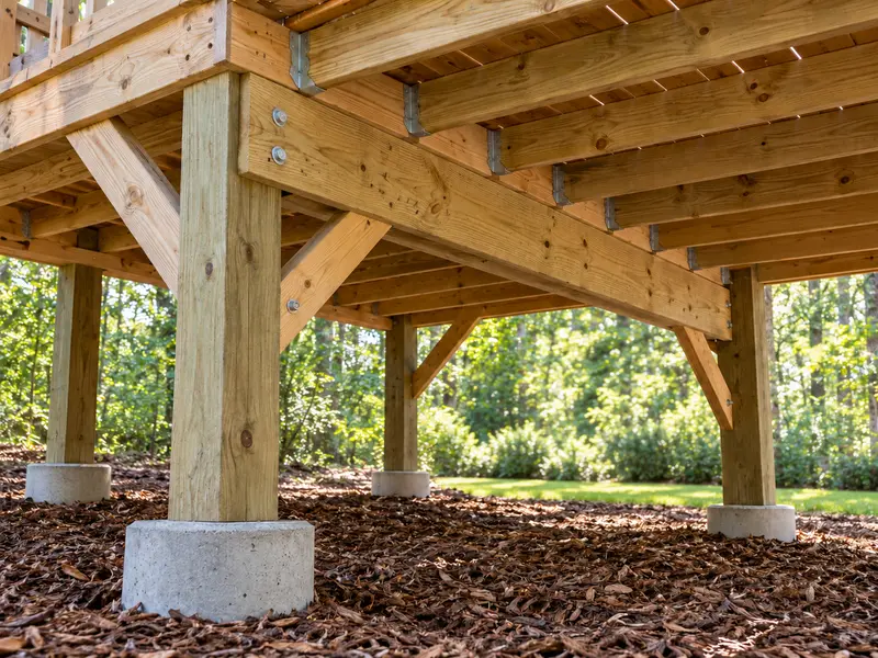 Underneath a deck: a 6x6 post on a concrete footing with a knee brace, joists and beams above, wood chips below