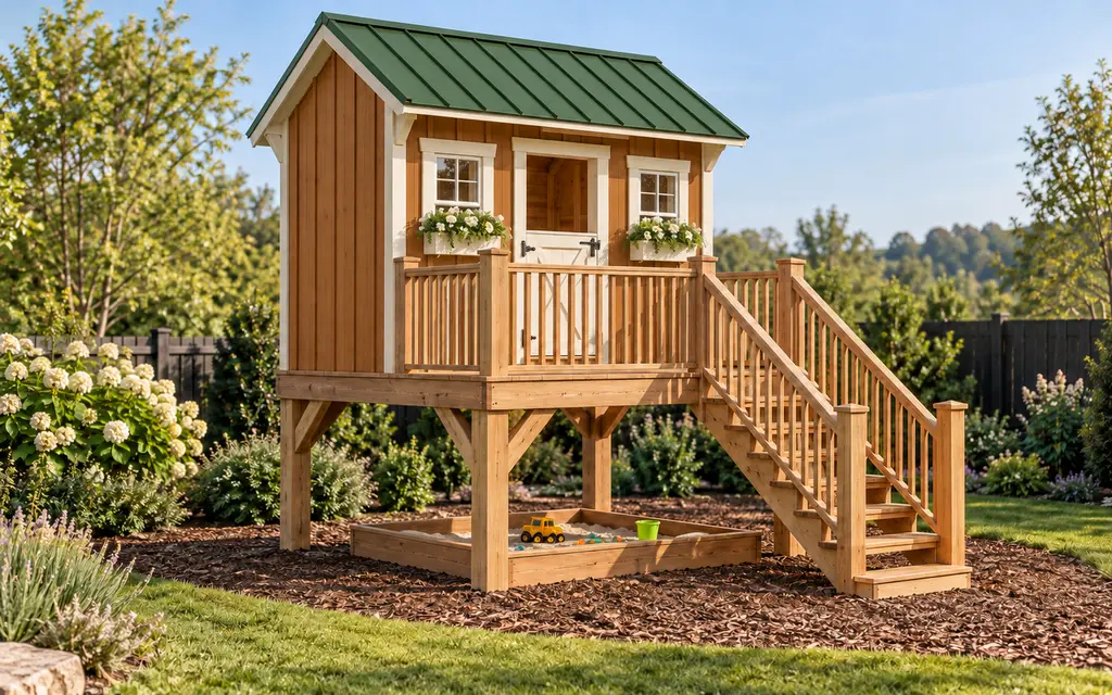 A raised playhouse with a green roof, a door and two windows with flower boxes, a porch and stairs, a sandbox under the deck