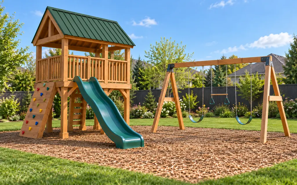 A half-wall fort with a gable roof, a climbing wall and a green slide, and a two-seat swing set on its own A-frame beside it