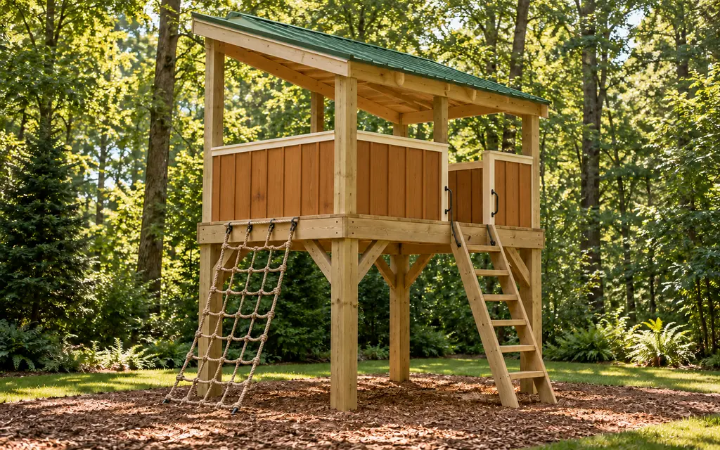 A half-wall fort with a shed roof on tall posts, a cargo net and a ladder on the front, in a stand of trees that do not touch it