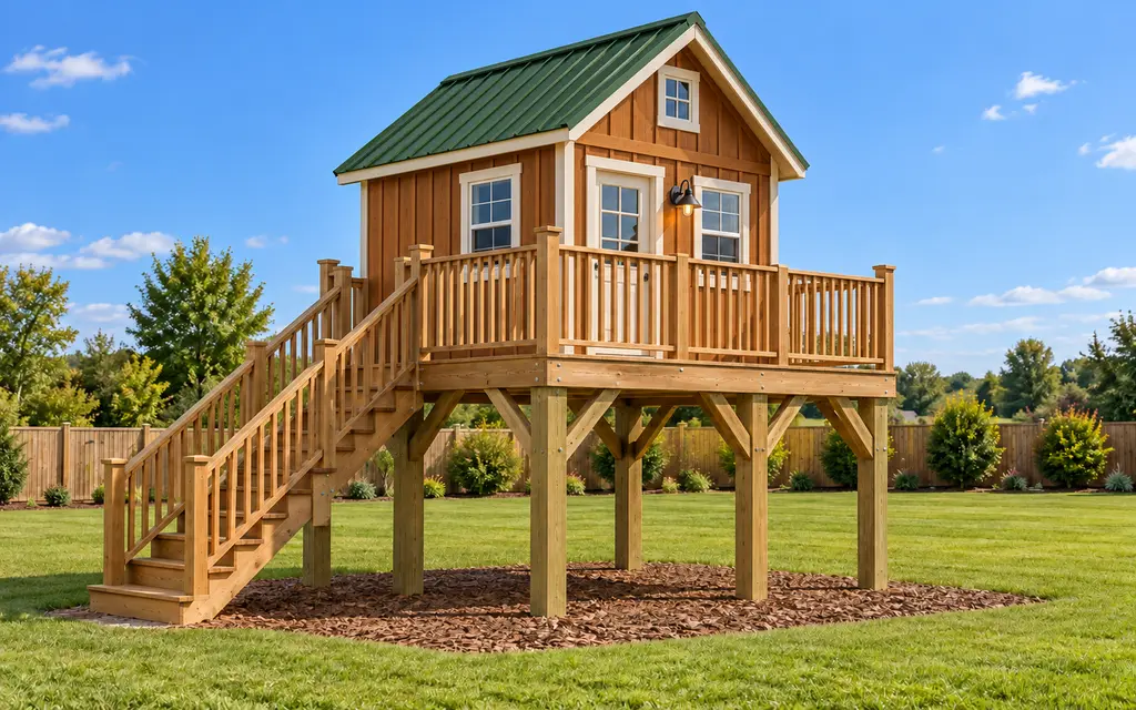 A freestanding playhouse on a grid of posts over a lawn, a green gable roof, windows, a porch rail and stairs along one side