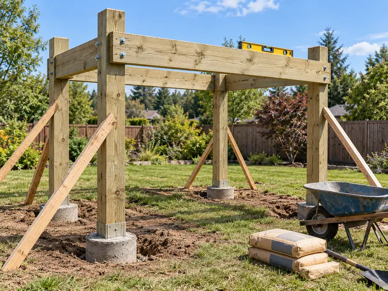 A frame of 6x6 posts and a beam braced with knee braces on concrete footings, a wheelbarrow and lumber on the dirt