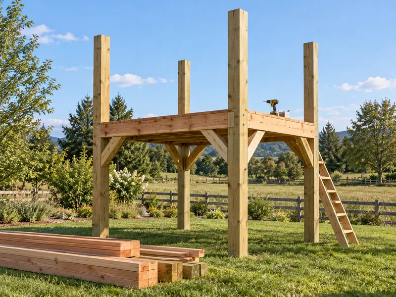 A bare frame of four tall posts with a beam and a ladder in a field, a stack of lumber on the grass