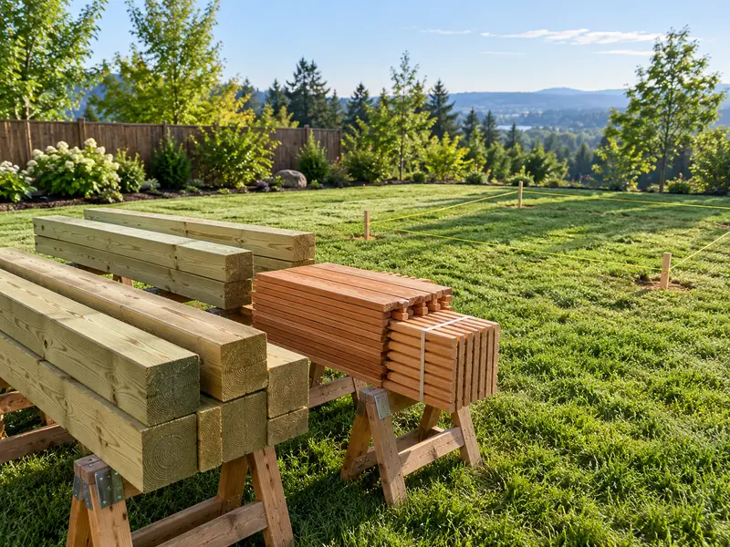 Treated lumber stacked on sawhorses on a lawn, ready to cut