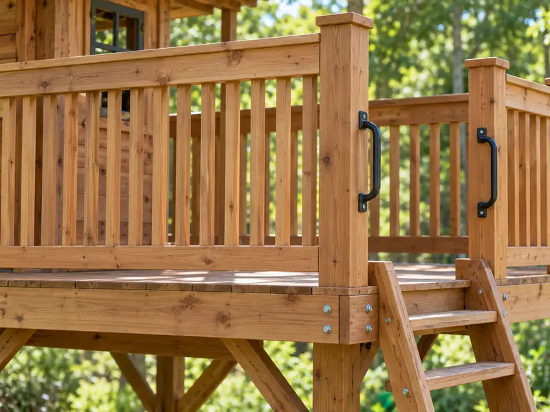 A close view of a deck guard with vertical balusters and tall corner posts, a stair rising at the lower edge