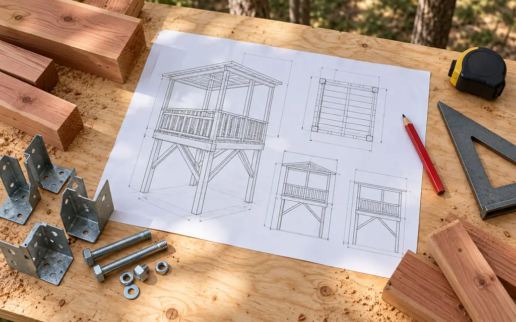 A plan on a plywood bench with a tape measure, a pencil, a square, joist hangers and bolts, and lengths of lumber beside it