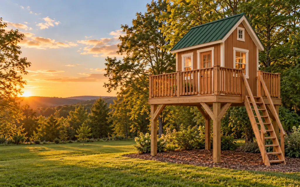 A raised playhouse with a green steel roof, a porch rail and stairs on wood posts over wood chips, lit by a low sunset