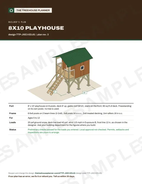 The cover sheet of the builder's plan for the Raised playhouse